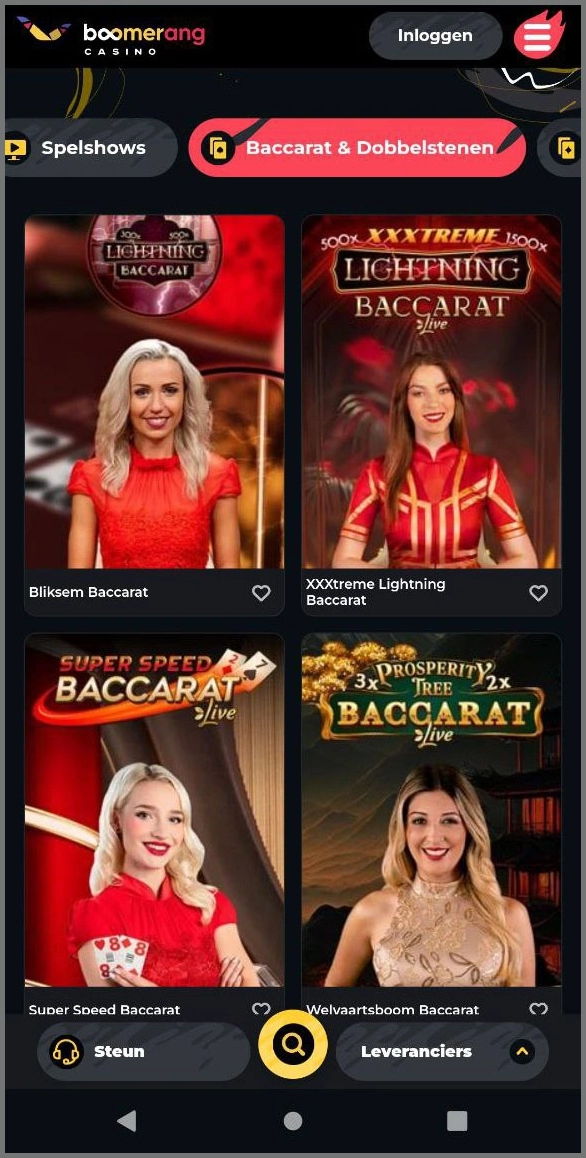Baccarat-tafels met hoge uitbetalingspercentages bij Boomerang