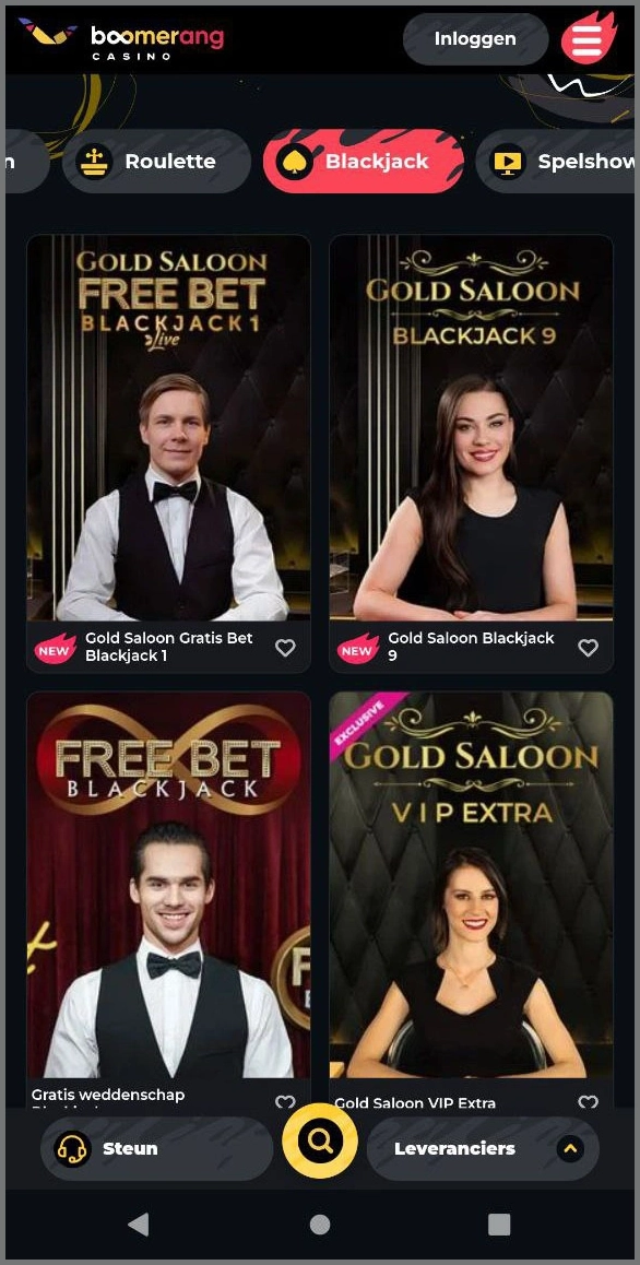 Speel live blackjack in de browser bij Boomerang