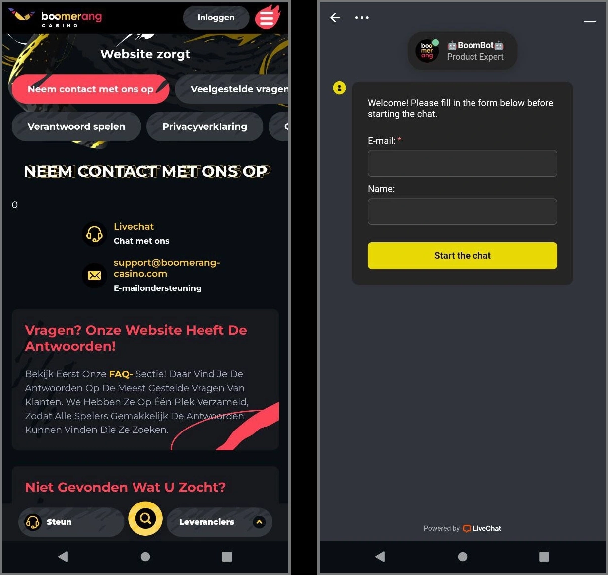 24/7 live chat ondersteuning beschikbaar bij Boomerang