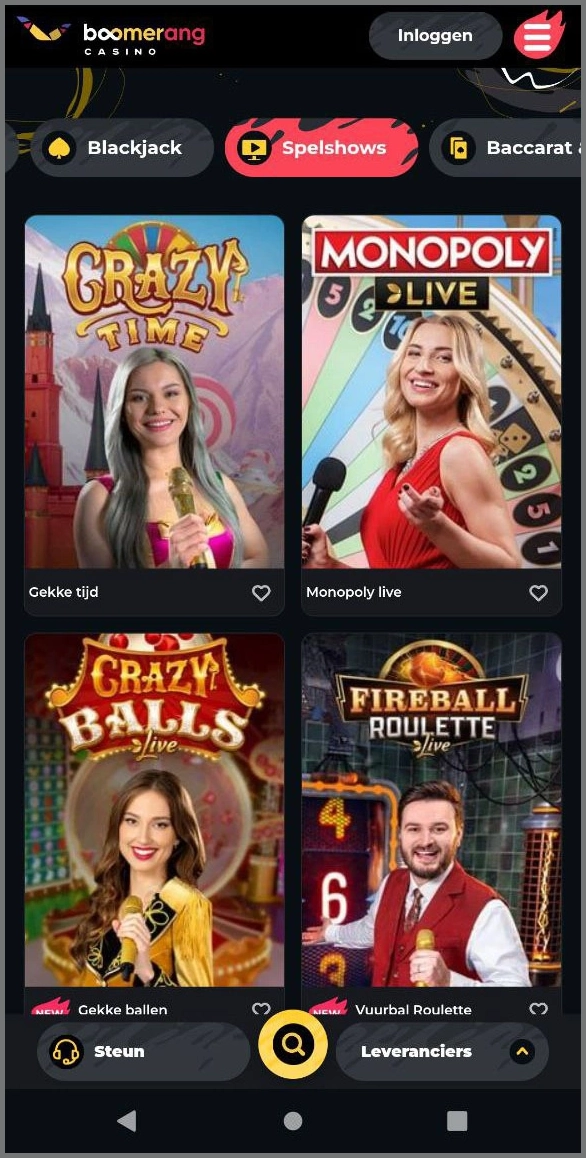 Beleef spannende game shows in het live casino van Boomerang