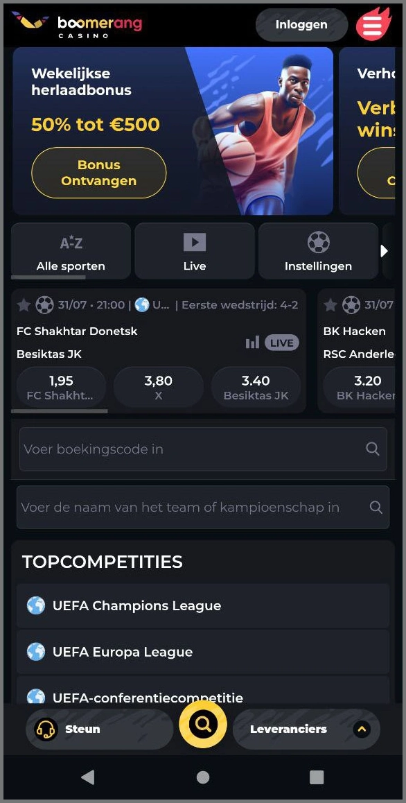 Pre-match sportweddenschappen beschikbaar bij Boomerang